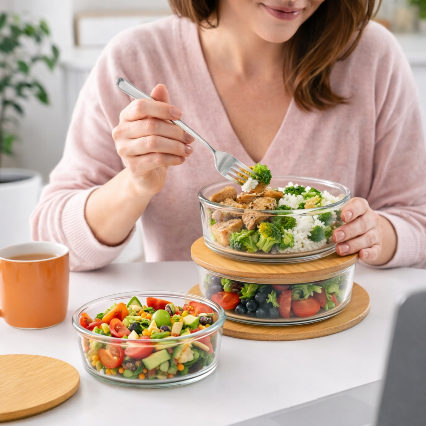 Set of 3 Glass Containers with Bamboo Lids | Airtight, Round, BPA-Free | Reusable Food Storage for Kitchen, Pantry, Meal Prep | Eco-Friendly and Durable