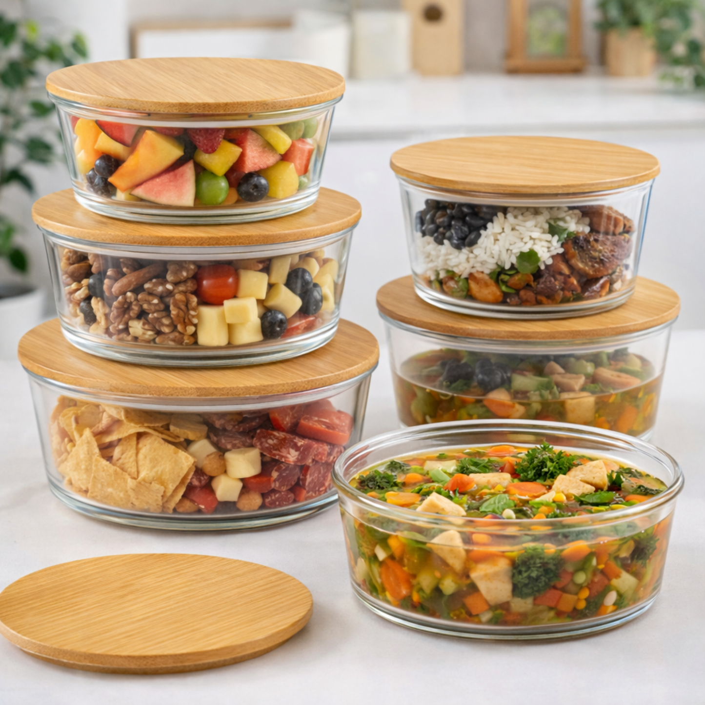 Set of 3 Glass Containers with Bamboo Lids | Airtight, Round, BPA-Free | Reusable Food Storage for Kitchen, Pantry, Meal Prep | Eco-Friendly and Durable