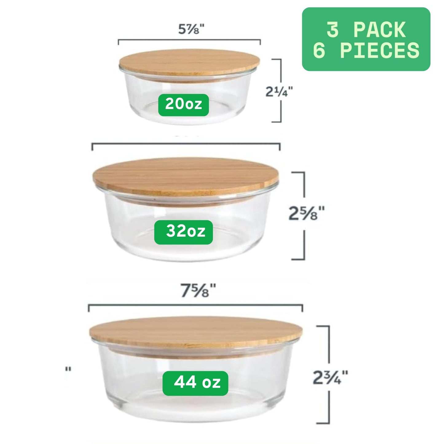 Set of 3 Glass Containers with Bamboo Lids | Airtight, Round, BPA-Free | Reusable Food Storage for Kitchen, Pantry, Meal Prep | Eco-Friendly and Durable