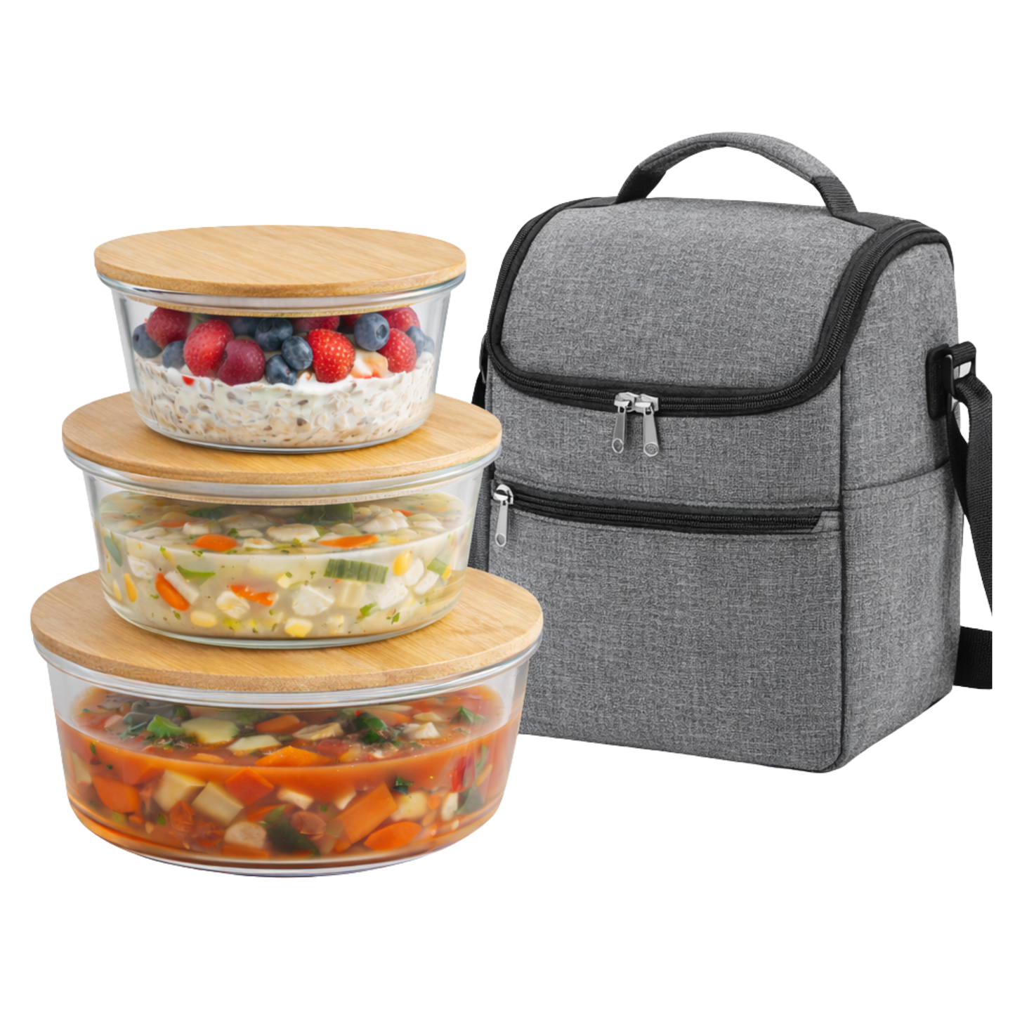 Set of 3 Glass Containers with Bamboo Lids | Airtight, Round, BPA-Free | Reusable Food Storage for Kitchen, Pantry, Meal Prep | Eco-Friendly and Durable