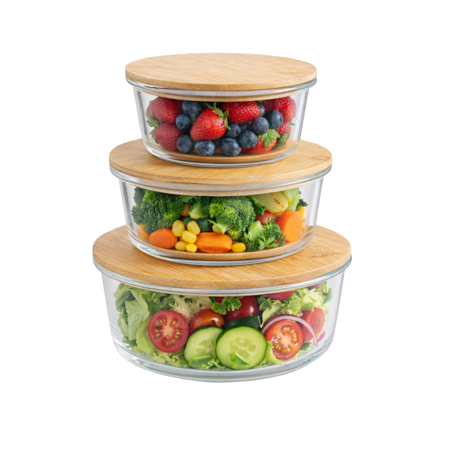 Set of 3 Glass Containers with Bamboo Lids | Airtight, Round, BPA-Free | Reusable Food Storage for Kitchen, Pantry, Meal Prep | Eco-Friendly and Durable