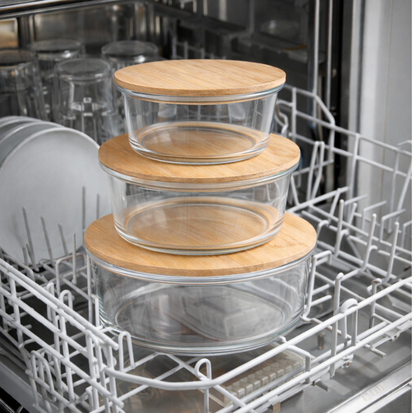 Set of 3 Glass Containers with Bamboo Lids | Airtight, Round, BPA-Free | Reusable Food Storage for Kitchen, Pantry, Meal Prep | Eco-Friendly and Durable