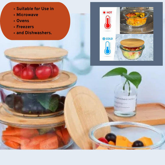 Set of 3 Glass Containers with Bamboo Lids | Airtight, Round, BPA-Free | Reusable Food Storage for Kitchen, Pantry, Meal Prep | Eco-Friendly and Durable
