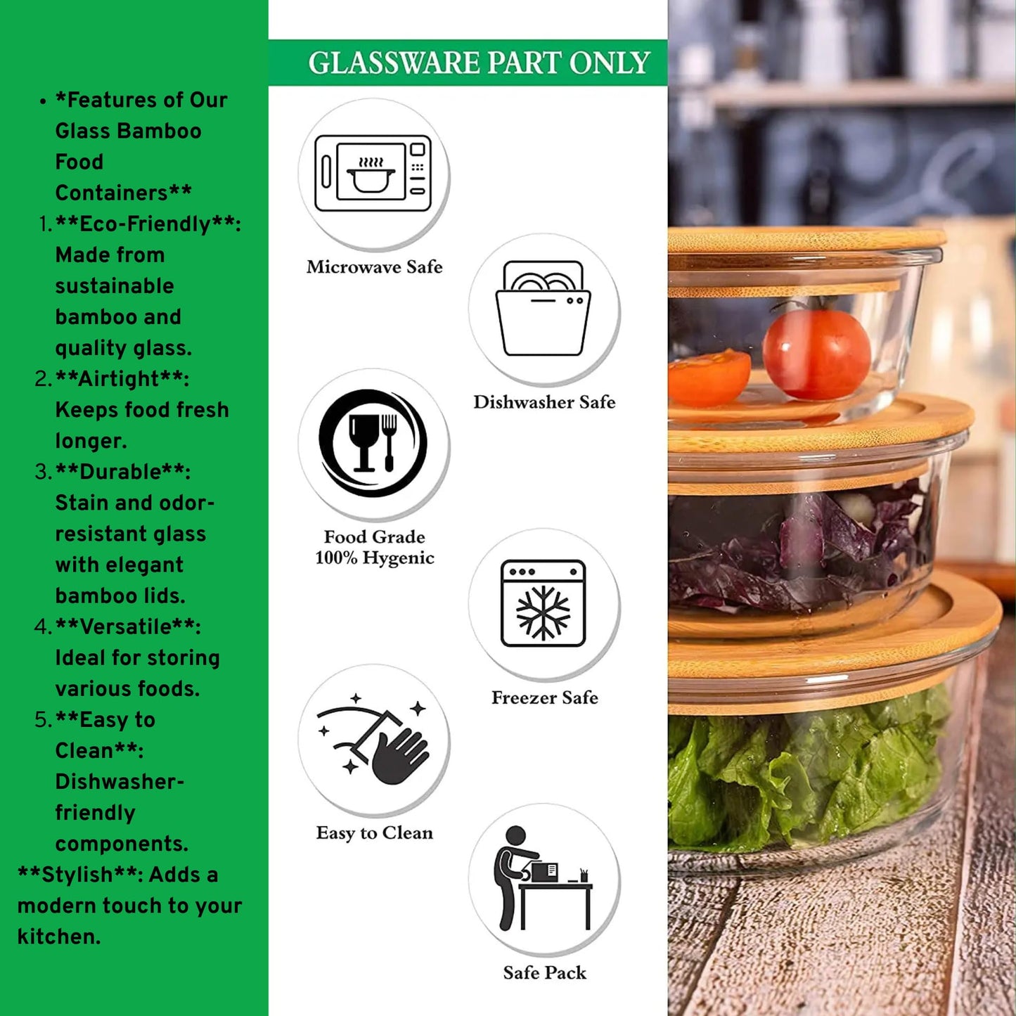 Set of 3 Glass Containers with Bamboo Lids | Airtight, Round, BPA-Free | Reusable Food Storage for Kitchen, Pantry, Meal Prep | Eco-Friendly and Durable