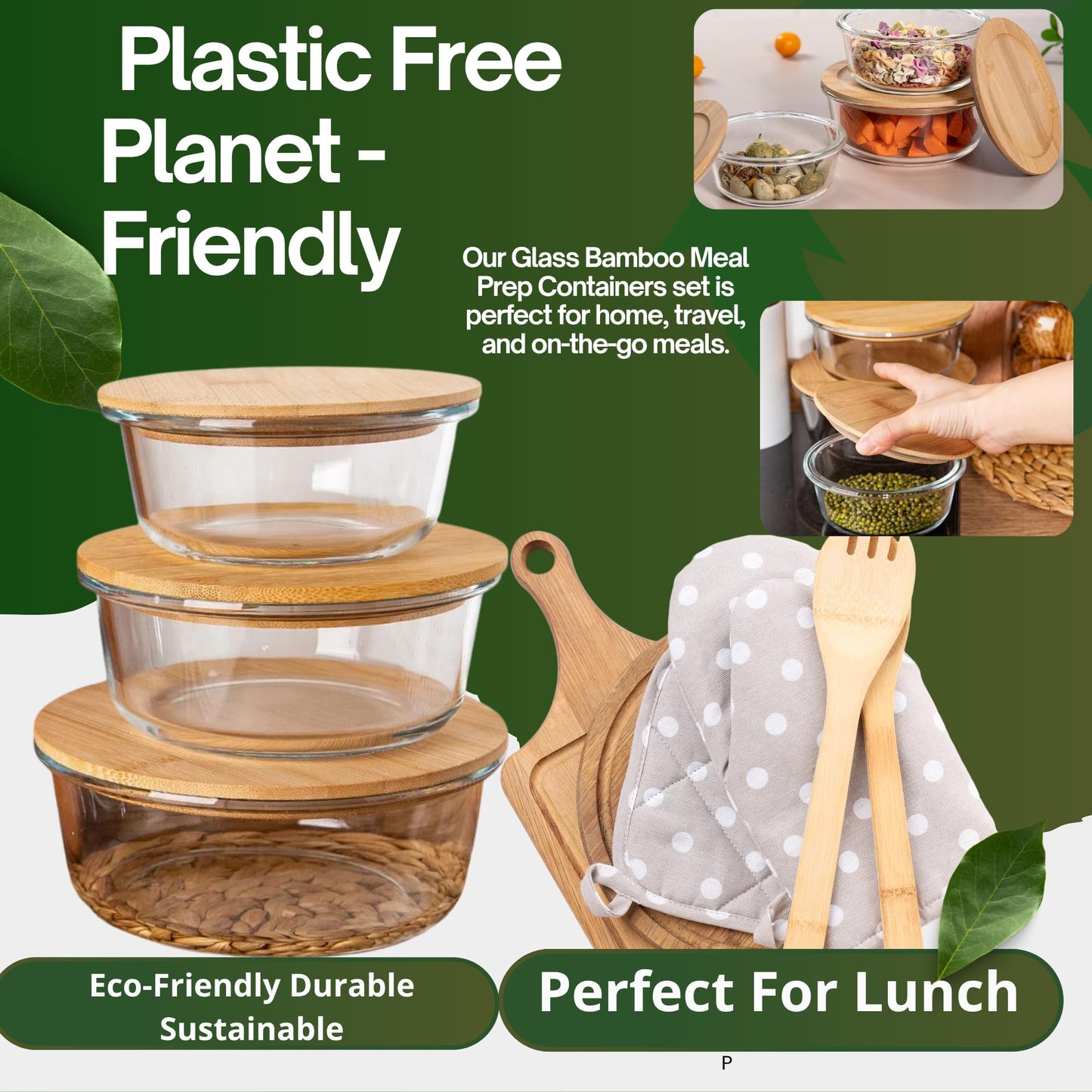 Set of 3 Glass Containers with Bamboo Lids | Airtight, Round, BPA-Free | Reusable Food Storage for Kitchen, Pantry, Meal Prep | Eco-Friendly and Durable
