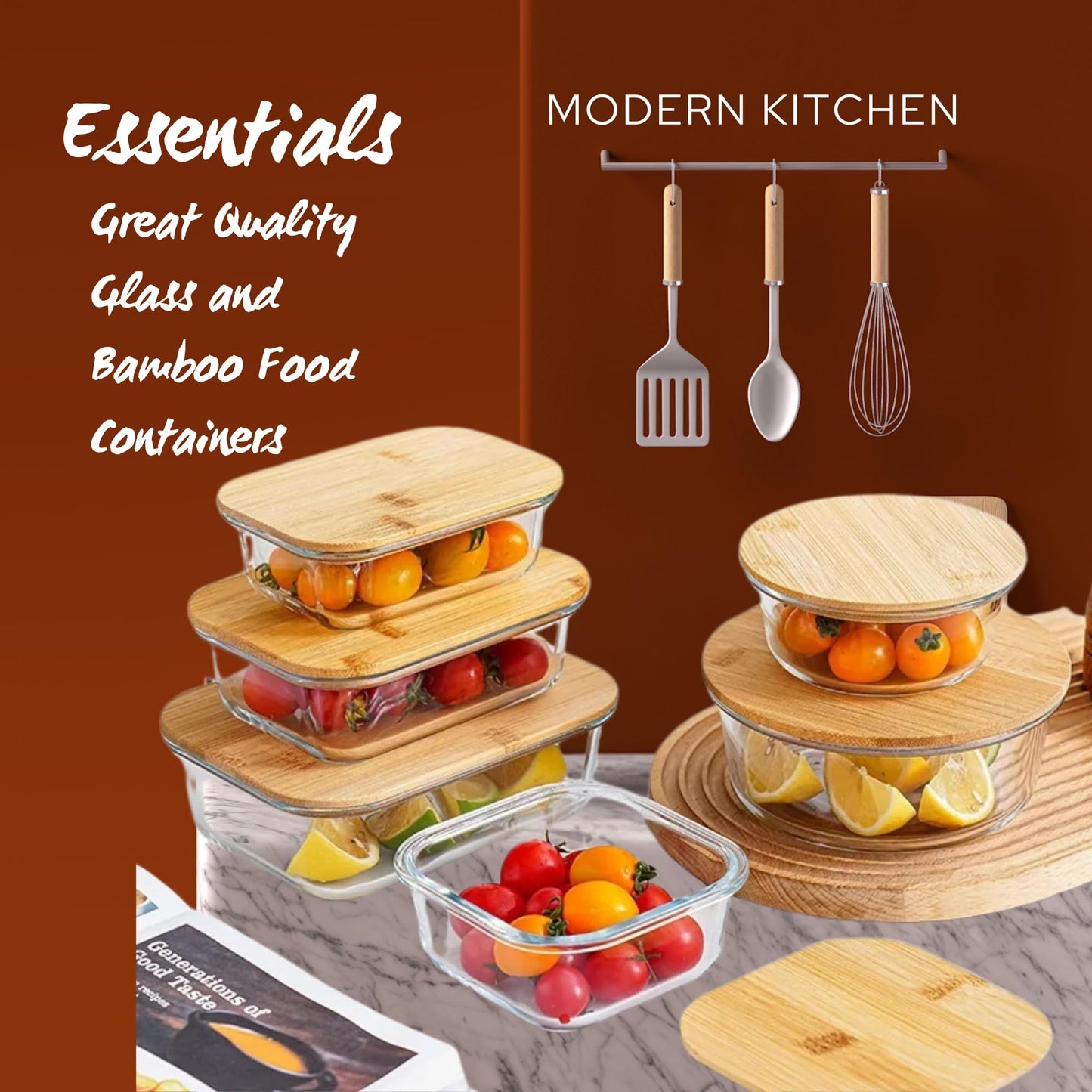 Set of 3 Glass Containers with Bamboo Lids | Airtight, Round, BPA-Free | Reusable Food Storage for Kitchen, Pantry, Meal Prep | Eco-Friendly and Durable