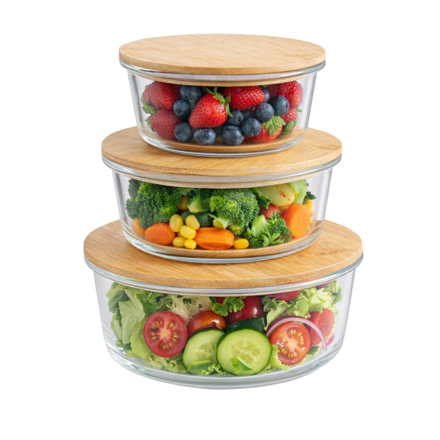 Set of 3 Glass Containers with Bamboo Lids | Airtight, Round, BPA-Free | Reusable Food Storage for Kitchen, Pantry, Meal Prep | Eco-Friendly and Durable